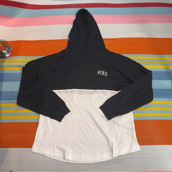 PINK Victoria’s Secret Black White Hoodie Iridescent Logo Women’s Size Small - Picture 1 of 4